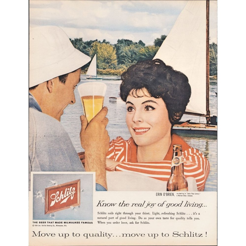 1959 Schlitz Beer Vintage Print Ad Sailing Sailboat Lake Sailor Hat Wall Art 50s